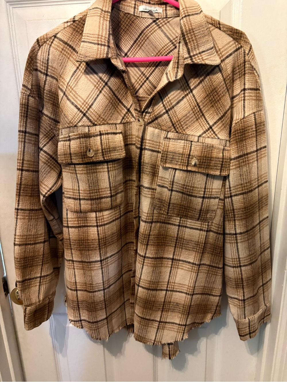 white birch Tan and Cream Plaid Utility Shacket